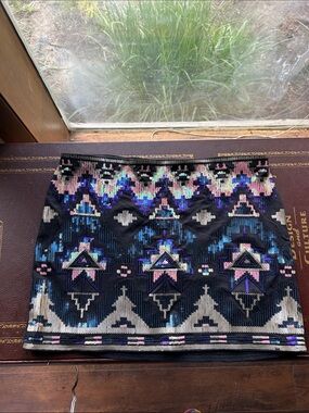 Express Sequin Aztec Mini Skirt - Black with Blue, Purple, Pink Accents